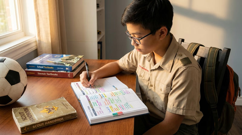 A Scout at a desk with a weekly planner open, writing in tasks while surrounded by symbols of their activities: a backpack, sports equipment, textbooks, and a Scout handbook
