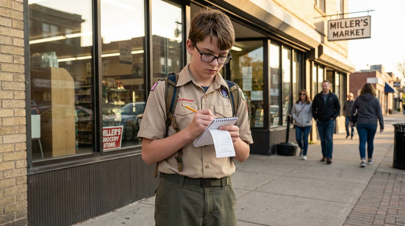 A Scout recording a purchase in a small notebook right after buying something at a store, with the receipt in hand