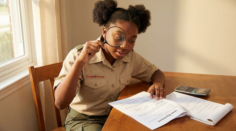 A Scout reading a document labeled Loan Agreement with a magnifying glass focused on the interest rate section, sitting at a desk with a calculator