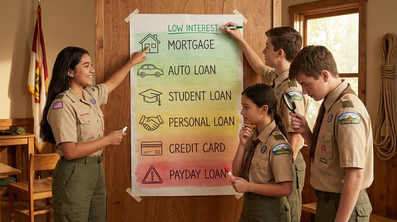 An illustrated chart showing different types of loans arranged by interest rate from lowest to highest: mortgage, auto loan, student loan, personal loan, credit card, payday loan