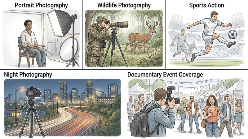 Illustrated collage showing portrait, wildlife, sports, night, and documentary photography side by side