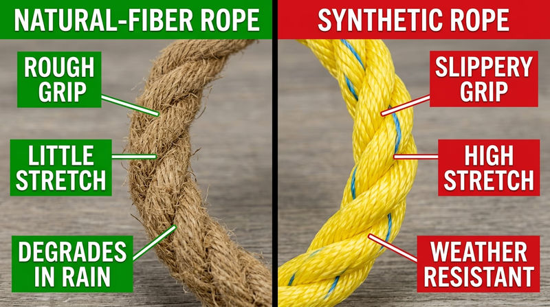 Side-by-side comparison of natural-fiber and synthetic rope with labels for grip, stretch, weather resistance, and common pioneering uses