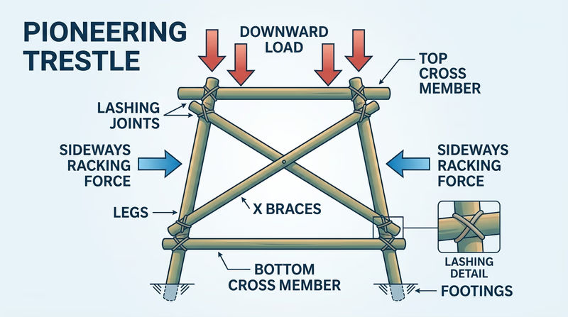 Trestle diagram showing legs, cross members, X braces, and arrows for downward and sideways forces