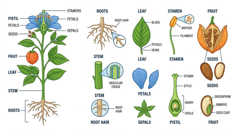 Dissected flowering plant with roots, stem, leaf, petals, sepals, stamens, pistil, fruit, and seeds clearly labeled