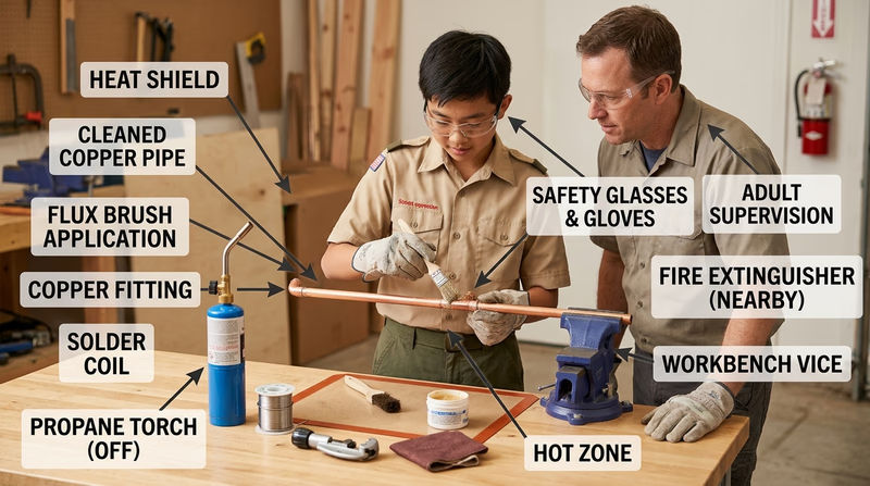 Safe copper soldering setup with cleaned pipe, flux brush, torch, heat shield, and adult supervision near the work area