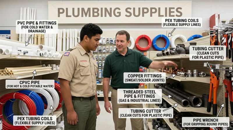 Scout and adult examining labeled shelves of PVC, CPVC, PEX, copper, steel fittings, and specialty plumbing tools in a hardware store aisle