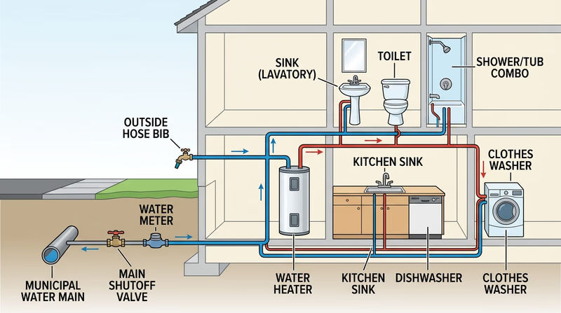 Simple labeled diagram showing water entry, shutoff, water meter, water heater, hot branches, cold branches, and fixture shutoffs