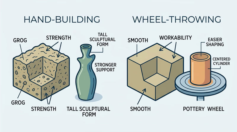 A side-by-side diagram comparing rougher groggy hand-building clay with smoother wheel-throwing clay and their matching uses