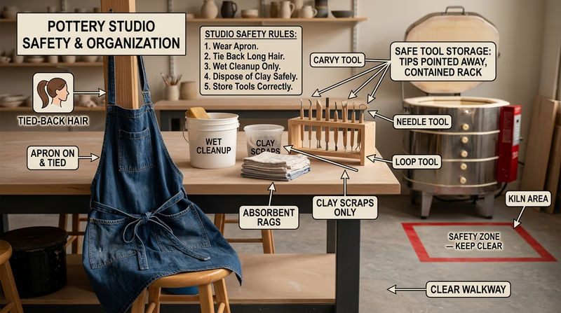 A realistic pottery studio worktable arranged for safe use, with wet-cleanup tools, safely stored carving tools, tied-back hair, and a clear safety zone around a kiln