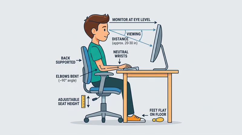A Scout seated at a desk with neutral wrists, feet supported, and the monitor at eye level