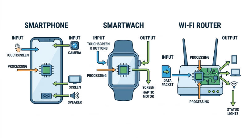 Three labeled everyday objects such as a smartphone, smartwatch, and router with arrows showing input, processing, and output