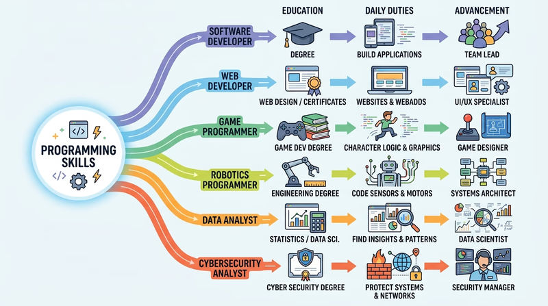 A branching diagram showing several programming-related careers with icons for education, daily duties, and advancement paths