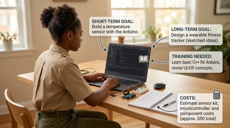 A Scout planning a hobby project with notes for short-term goals, long-term goals, training, and costs beside a laptop and small maker project