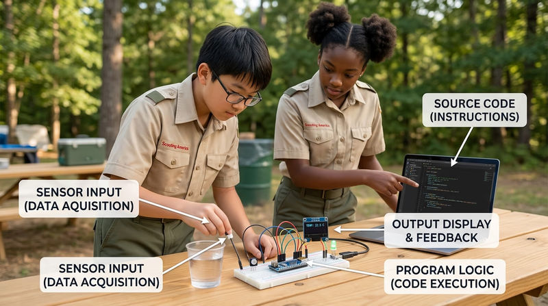 A Scout testing a simple microcontroller project with sensors and a small display on a camp table