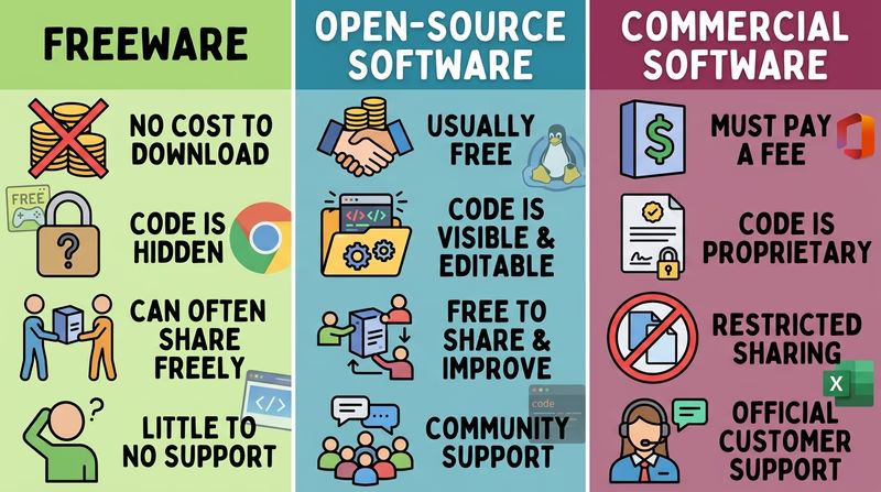 A three-column comparison labeled freeware, open source, and commercial software with simple icons for cost, code access, and sharing rules
