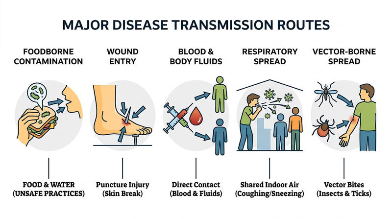 Diagram showing foodborne, vector-borne, respiratory, bloodborne, and wound-entry transmission routes with simple icons