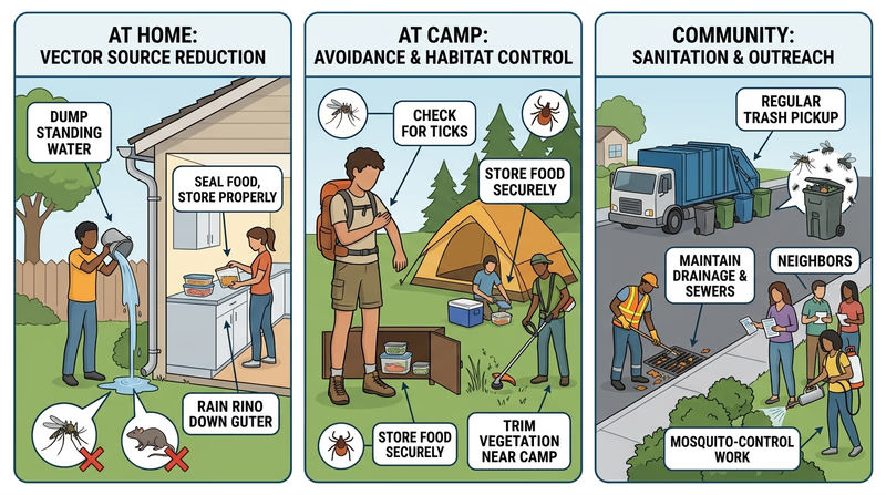Three-panel diagram showing mosquito control at home, tick prevention on trail, and community rodent-control sanitation work