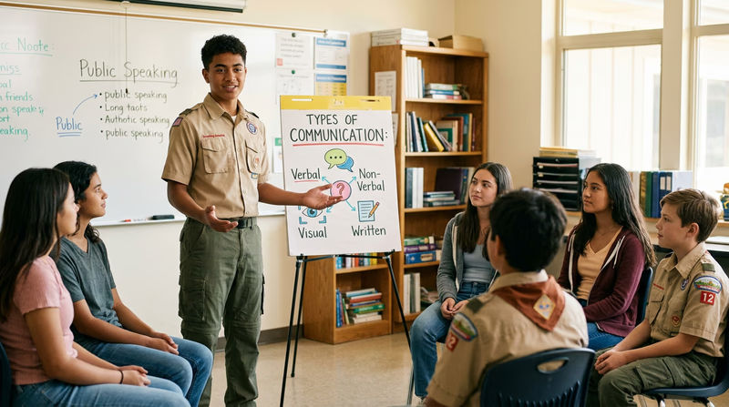 A Scout demonstrating confident body language while speaking: standing tall, making eye contact, and using an open hand gesture toward a poster on an easel