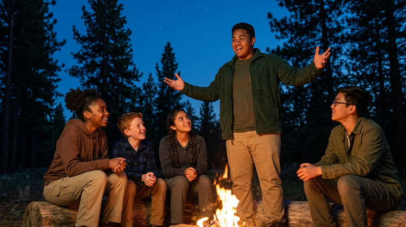 A group of Scouts sitting around a campfire at night, with one Scout standing and telling a story with animated gestures while the others listen intently