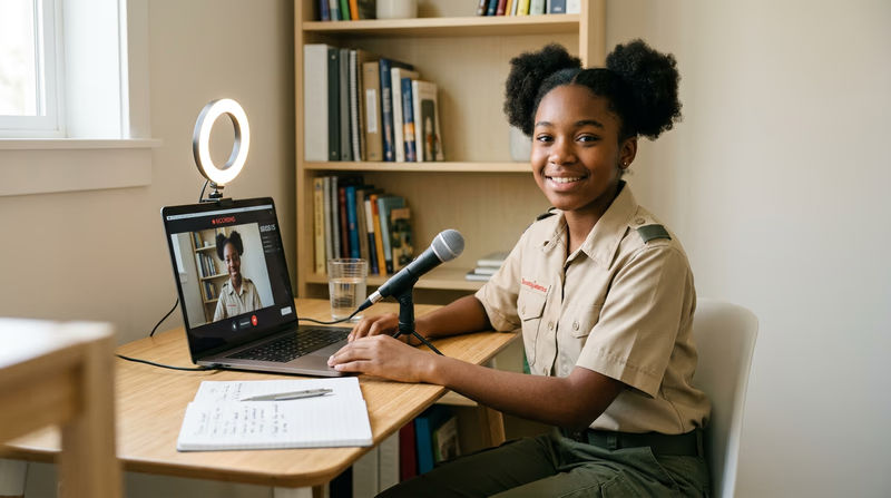 A Scout sitting at a desk with a laptop, ring light, and microphone, recording a video presentation with a bookshelf and clean background behind them