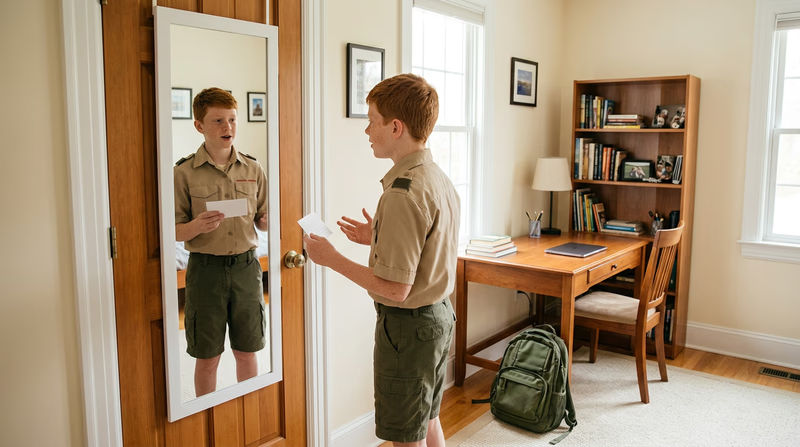 A Scout practicing a speech in front of a bedroom mirror, holding a notecard and gesturing naturally