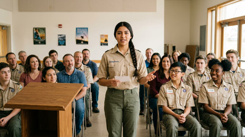 A Scout standing at the front of a room delivering a speech to an attentive audience of peers and adults, using natural hand gestures and making eye contact, with a simple outline on a notecard