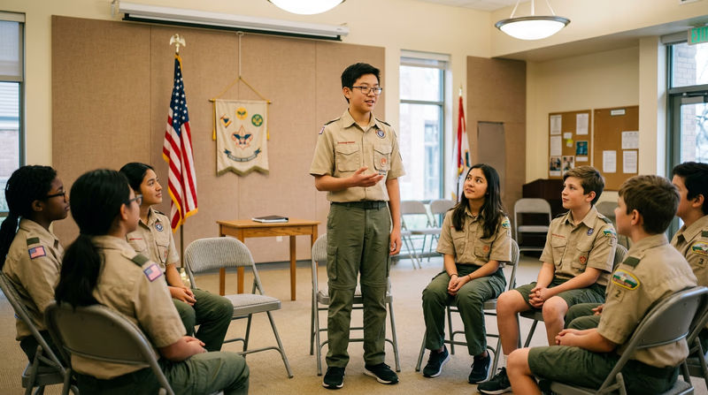 A Scout standing and speaking confidently to a small group seated in a circle at a troop meeting, with no notes or visual aids, gesturing naturally