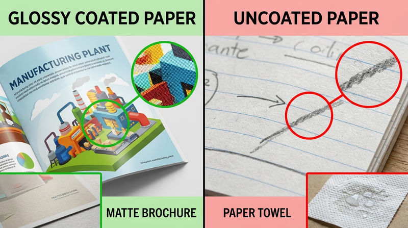 Side-by-side comparison of glossy magazine paper, matte brochure paper, uncoated notebook paper, and absorbent paper towel with short notes on how each surface behaves