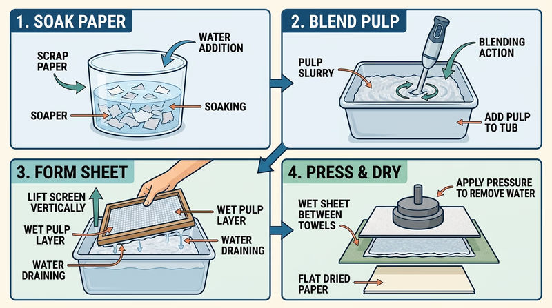 Four-panel diagram showing soaked scraps, blended pulp slurry, sheet lifting on a screen, and pressed handmade paper drying flat