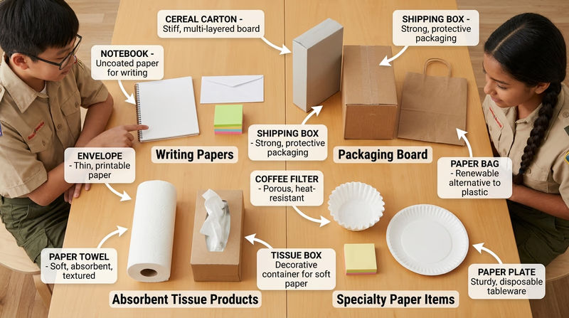 A tabletop with 10 household paper products grouped into absorbent, writing, packaging, and specialty categories, each with simple labels