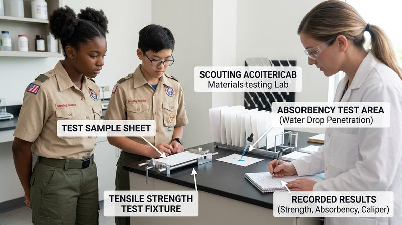 Lab technician testing paper samples for strength, absorbency, and coating performance with labeled instruments and sample sheets