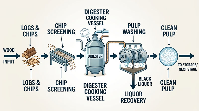 Simplified flow diagram showing logs or chips entering a pulp mill, then chip screening, cooking, washing, and clean pulp exiting as cellulose fibers