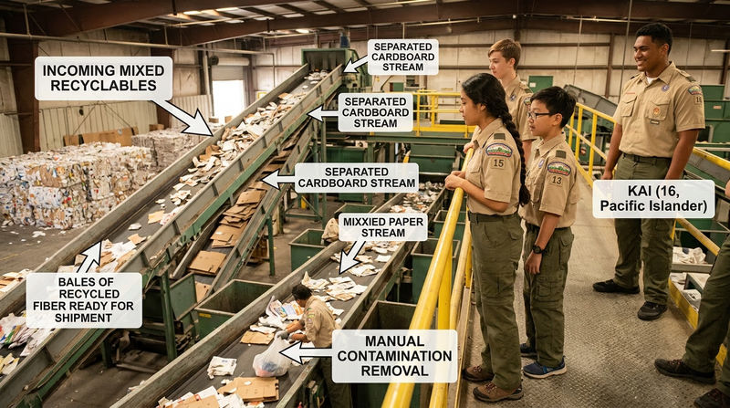 Interior of a paper-sorting facility showing conveyors, separated cardboard and mixed paper streams, and compressed paper bales ready for shipment