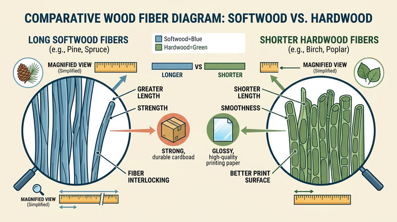 Side-by-side diagram showing longer softwood fibers and shorter hardwood fibers, plus simple notes about strength and smoothness