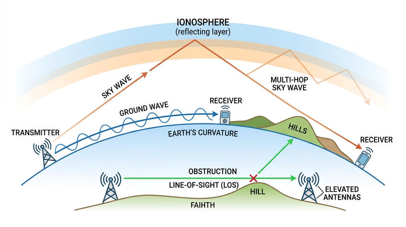 Diagram comparing ground-wave, skywave, and line-of-sight radio propagation with Earth curvature and the ionosphere labeled