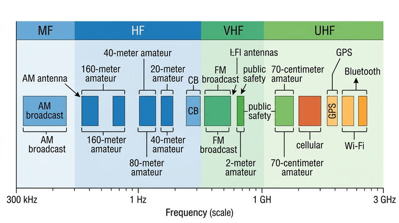 Log-scale radio spectrum diagram from 300 kilohertz to 3 gigahertz with MF, HF, VHF, and UHF bands labeled and common radio services placed in their ranges