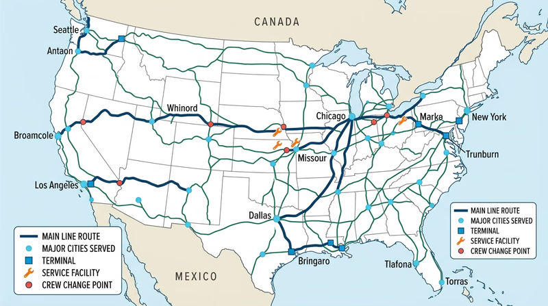 Route map of a major Class I railroad with its main lines, major served cities, terminals, service facilities, and crew change points marked