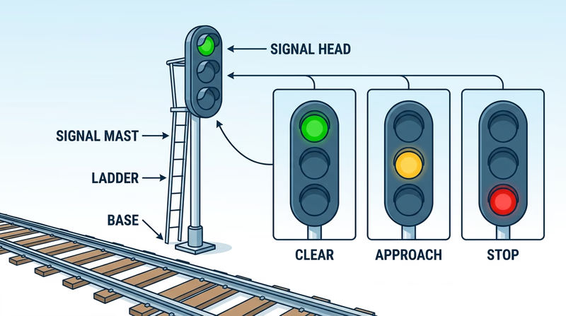 Three-aspect color-light railroad signal with inset views showing its green, yellow, and red indications