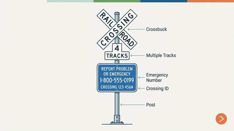 Grade crossing sign assembly showing a white crossbuck above a blue emergency notification sign and a multiple-track plaque
