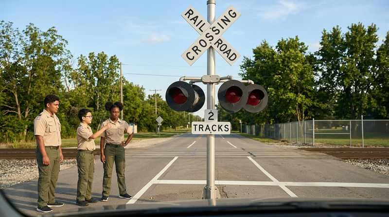 Real highway-rail grade crossing signal assembly showing a crossbuck mounted above two flashing red lights