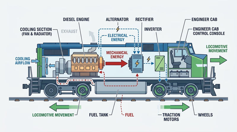 Cutaway diagram of a diesel-electric locomotive showing the diesel engine, alternator, traction motors, and power flow to the wheels