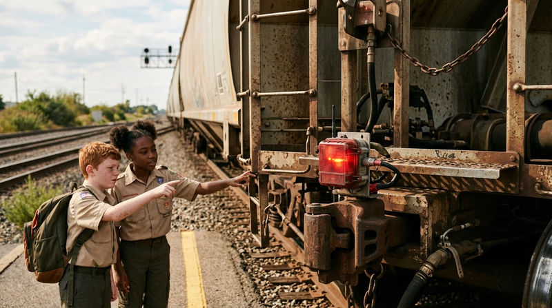 Close-up of an end-of-train device attached to the rear of a freight car with its red flashing light visible