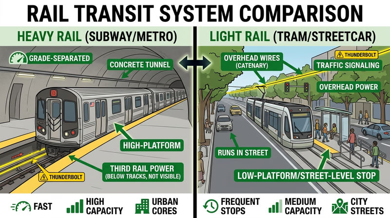 Side-by-side comparison of a grade-separated heavy-rail subway train and a street-running light rail vehicle