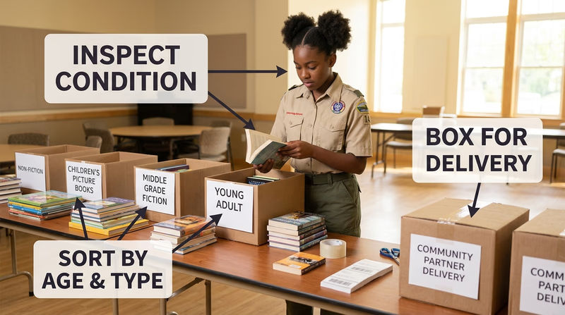 A Scout sorting donated books into labeled boxes by age level and type before delivery to a community partner