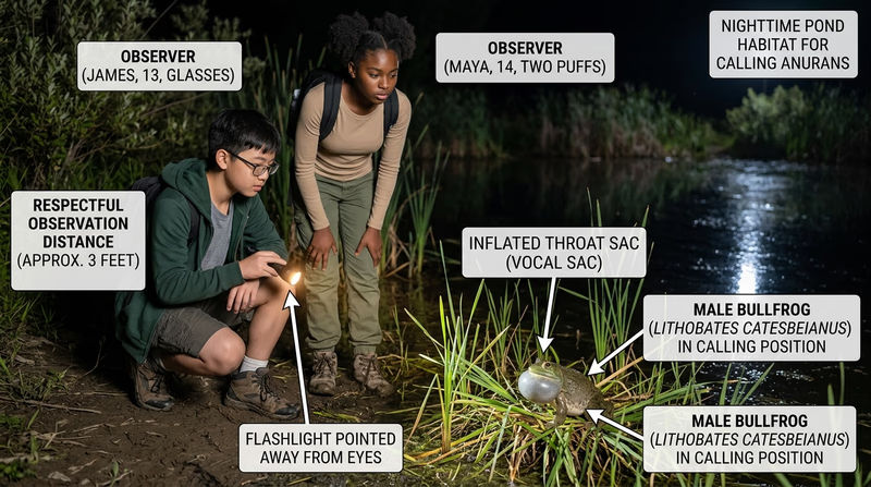 Nighttime scene of a calling frog with an inflated throat sac while a Scout observes from a respectful distance