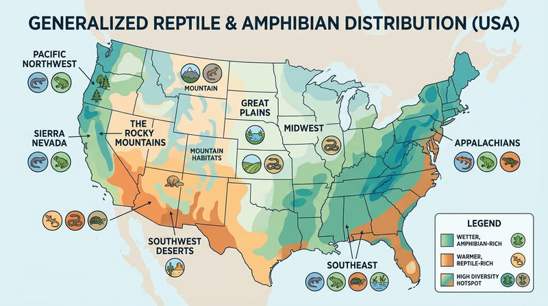 Simplified United States map showing wetter amphibian-rich regions and warmer reptile-rich regions