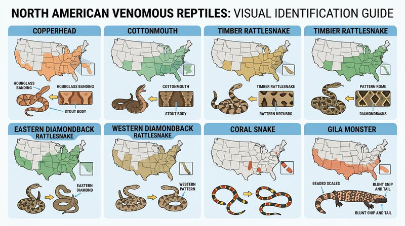 Overview panel comparing major venomous reptiles of the United States with range cues and body patterns
