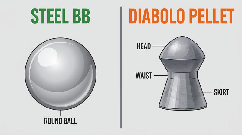 Side-by-side comparison of a round steel BB and a diabolo pellet at the same scale with key shape labels