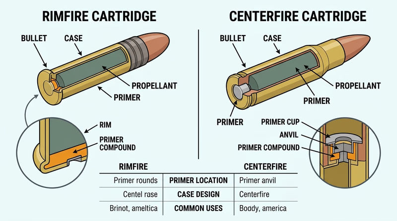 Side-by-side cutaway diagram of rimfire and centerfire cartridges labeling the case, bullet, primer, and propellant