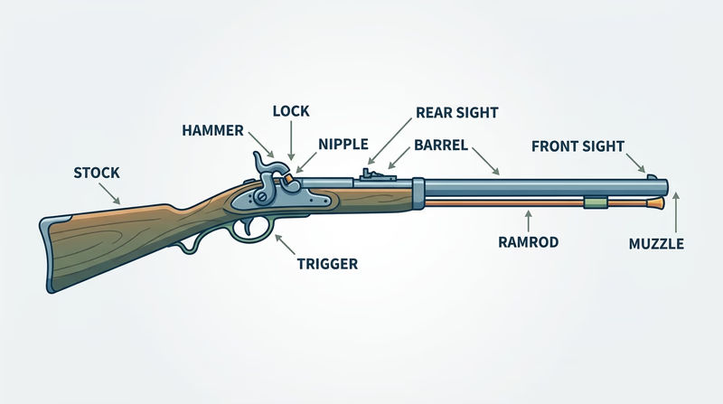 Labeled side-view diagram of a percussion muzzleloading rifle showing the stock, barrel, lock, hammer, nipple, ramrod, and sights